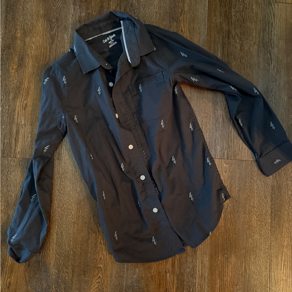 Gray Button-Up Shirt with Lightning Print